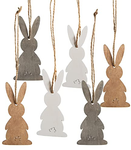 Logbuch-Verlag Osteranhänger aus Holz, 6er Set: Osterhasen-Deko zum Aufhängen, Osterschmuck mit Schnur für Osterstrauch und Geschenke, Zeitlose Osterdeko, Osterhasen-Anhänger für Zuhause, 10 cm