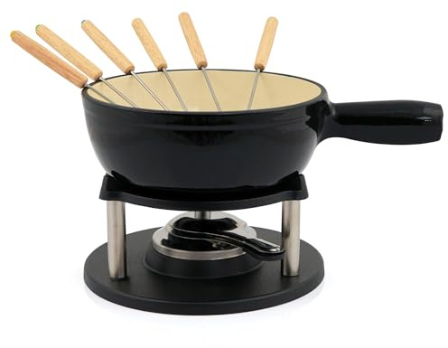 BBQ-Toro Gusseisen Fondue Set für 6 Personen | 2 Liter | Fondueset 9 teilig mit Brenner und Gabeln | Fondue-Set, Käsefondue Set, Fleischfondue Set, Schokofondue Set (schwarz/Creme emailliert)