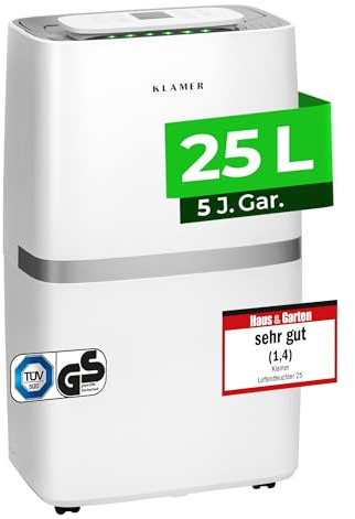 KLAMER Luftentfeuchter elektrisch 25L in 24h mit 5,5L Tank – Leiser, energieeffizienter Raumentfeuchter mit Smart Sensor, Timer & Wäschemodus – Bei Schimmel, Feuchtigkeit & Kondenswasser