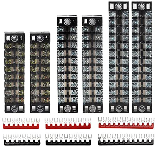 Greluma Klemmenblock und Streifen – 6 Sets 8/10/12 Positionen 600V 15A Zweireihiger Schraubklemm-Leisten-Block mit Abdeckung + 400 V 10 A vorisolierte Klemmen Absperrstreifen Jumper