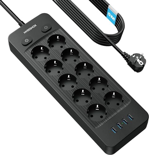NVEESHOX 10 Fach Steckdosenleiste mit 4 USB, 5M Kabel Verteilersteckdose | Mehrfachsteckdose überspannungsschutz, Schalter, 3680W 16A, Mehrfachstecker für Büro, Küche