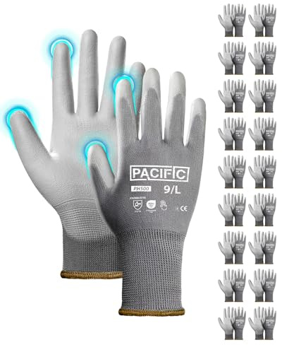 PACIFIC PPE 18 Paar Arbeitshandschuhe für Herren und Damen, 9/L, Grau | Leichte Schutzanforderungen, rutschfeste Griffigkeit, Atmungsaktiv, Touchscreen, Werkstatt, Wartung, Gartenarbeit, Mechanik