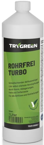 TRYGREEN Abflussreiniger EXTRA STARK - Hochkonzentrierter Rohrreiniger extrem stark gegen Haare & Verstopfungen - 1L Rohrfrei Turbo für Bad, WC, Küche - Kein Schaum/Geruch - Für alle Rohrarten.