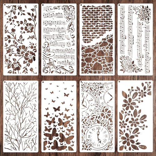 8 Stück Malschablonen, 25×12cm Wiederverwendbare Zweig Blumige Texturen Schablonen,Textilgestaltung Schablonen,Wandgestaltung MalSchablonen,DIY Stencil für Möbel Polster Wände Karten Leinwand