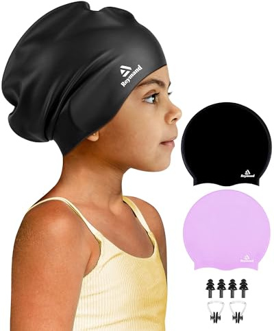 Reymand 2 Pack Extra Große Badekappe Kinder für Langes, Dickes Haar, Silikon Bademütze für Kleinkinder, Jugendliche, Mädchen und Jungen, Langlebige Badehaube Schwimmkappe für Zöpfe, Dreadlocks, Afros