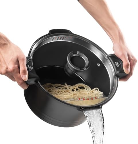 ROSSETTO Nudeltopf mit Siebeinsatz Kochtopf groß 28 cm Spargeltopf Induktion mit Siebdeckel Spaghettitopf Pastatopf 8 Liter Suppentopf, Aluguss keramikantihaftbeschichtet, schwarz