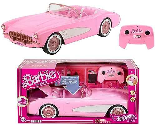 Hot Wheels Ferngesteuertes Auto, R/C Barbie Corvette - ferngesteuertes Fahrzeug, 1956 Corvette Stingray, 2,4 GHz Frequenz, bis zu 8 km/h, Platz für 2 Barbie-Puppen, HPW40