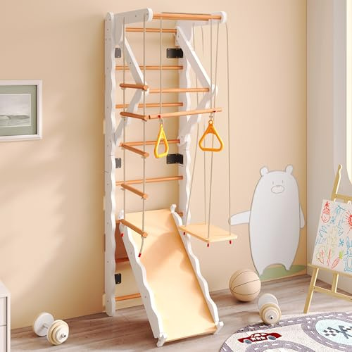 Merax Sprossenwand Klettergerüst Indoor für Kinder, Kletterwand aus Holz inkl. Rutsche, Schaukel, Krabbelleiter, Klimmzugsbereich, Ringe, Spielgeräte, Turnwand, Jungle Gym-Set, bis 50kg, Natur & Weiß