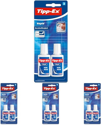 BIC 8871661 Tipp-Ex Rapid, 2 x 25 ml Korrekturflüssigkeit, Korrekturfluid mit Auftragsschwämmchen für präzises Ausbessern (Packung mit 4)