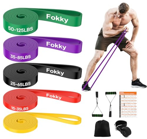 Fokky Fitnessbänder Widerstandsbänder mit 5 Stufen, Resistance Bands mit Türanker, 2*Griffen, Übungsanleitung&Tragebeutel, Gymnastikband Klimmzugband Fitnessband für Muskelaufbau,Yoga,Pilates 5er Set
