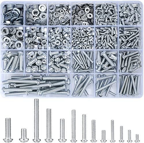 Vwoqiy 1080 Stk M3 M4 M5 M6 Schraubenset mit Sechskantmuttern und Unterlegscheiben, Linsenkopfschrauben, Gewindeschrauben Set, Kreuzschlitzschrauben, Maschinenschrauben Sortiment Kit(Silber 1080)