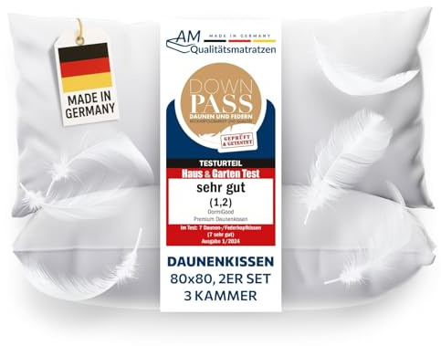 DormiGood Daunenkissen 80x80 - Made in Germany 3 Kammer Kopfkissen 80x80cm - Außenkammer aus 100% Daune - Federkissen 80 x 80 cm Allergiker geeignet - Kopfkissen Federn und Daunen Füllung 2er Set