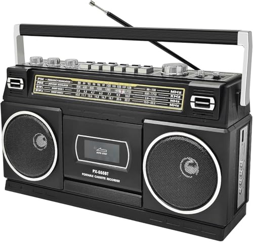 Kassettenspieler mit Bluetooth & Radio (AM/FM/SW) | Digitalisierung von Kassetten auf USB | Stereo Sound,10W, Kassettendeck, USB/TF-Wiedergabe, Netz-/Batteriebetrieb Boombox, Kopfhöreranschluss