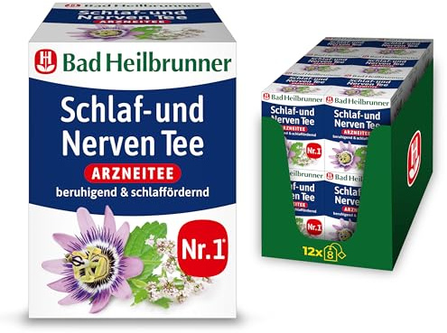 Bad Heilbrunner Schlaf- & Nerven Tee - Arzneitee im Filterbeutel - Melisse, Lavendel & Hopfen - beruhigt bei Nervosität & Einschlafstörung - für überreizte Nervenbündel (12 x 8 Filterbeutel)