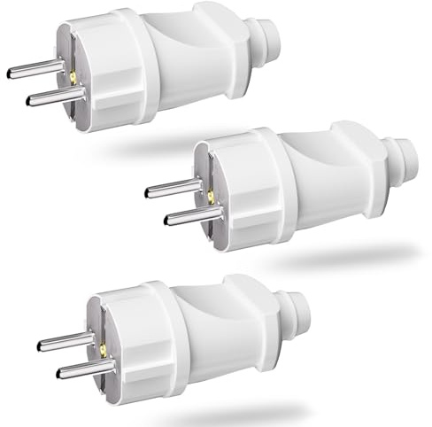 Schuko Stecker 3 Stück,250V/16A Stromstecker, Schuko Stecker mit Knickschutztülle, Schutzkontakt Stecker, Eurostecker,Weiß