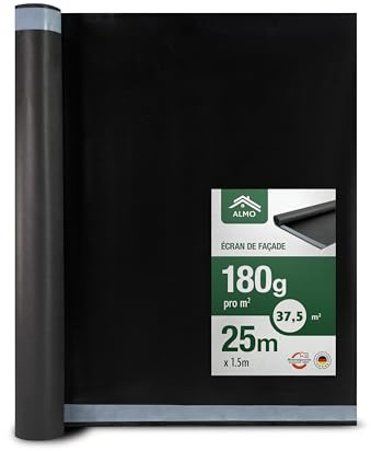 ALMO schwarze UV Fassadenbahn 37,5m² (1,5 x 25m), 180g/m², Diffusionsoffen, Brandklasse B, Hitzebeständig bis zu 100°C, dauerhaft UV-beständig mit integrierter Selbstklebenaht (1,5m x 25m)