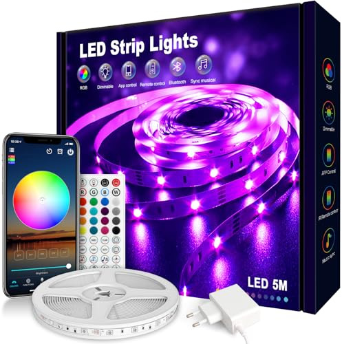 Nixtrve LED Strip 5m, LED Streifen Farbwechsel LED Band 5m Selbstklebend mit Fernbedienung und App, LED Lichterkette LED Beleuchtung für Zuhause, Küche, Party