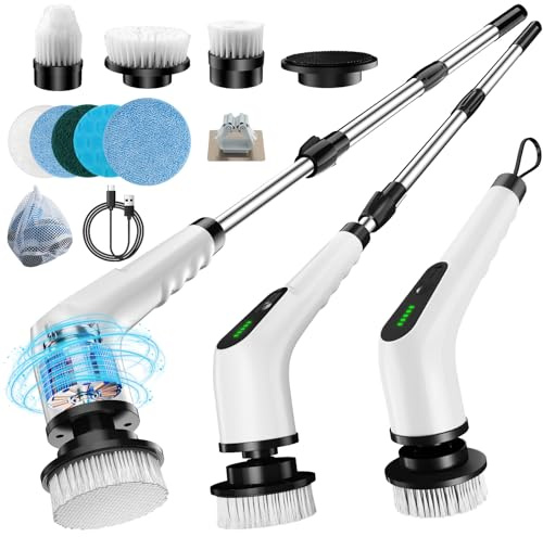Timzeit Elektrische Reinigungsbürste 9 in 1 Elektrische Putzbürste mit austauschbaren Bohrbürstenköpfen Electric Cleaning Brush mit Verstellbarem Griff und 3000mAh Akku für Bad/Küche/Auto/Fliesen