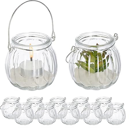 Relaxdays Windlicht Glas, 12er Set, Teelichthalter mit silbernem Henkel, HxD: 7,5 x 8 cm, Kerzenglas, rund, transparent