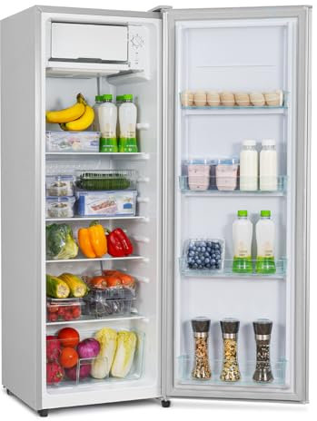 CURECURE Kühlschrank mit Mikro-Gefrierfach, 138 L Gesamtrauminhalt, 133 L Kühlen, 5 L Gefrieren, 4 Glasablagen mit Gemüsefach, Temperaturregelung, Schnellkühlfunktion (Silber)