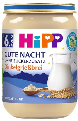 HiPP Bio Gute Nacht Dinkelgrießbrei (6 x 190g), Babybrei ab 6. Monat, ohne Zuckerzusatz, gut sättigend, in bester Bio-Qualität