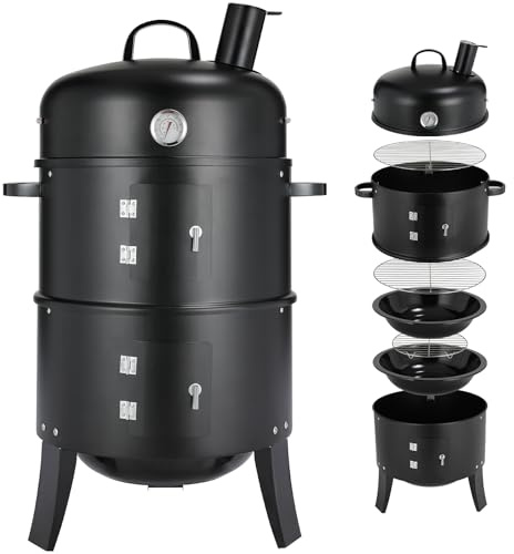 TLGREEN Räucherofen, 3 in 1 Smoker Grill, Räuchern Räucherofen mit Schornstein, Räuchergrill Smoker mit Deckel & Thermometer, 2 Grillrost Edelstahl, 2 Wasserschale Emaille, Räuchertonne Watersmoker