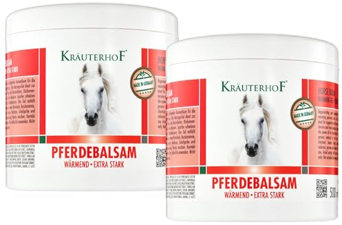 Kräuterhof Pferdebalsam Wärmend Extra Stark DUO (2x500ml) – Durchblutungsfördernde Wärmesalbe, Massage-Gel mit Rosskastanie & Rotes Weinlaub, Lindert Gelenkschmerzen & Verspannungen