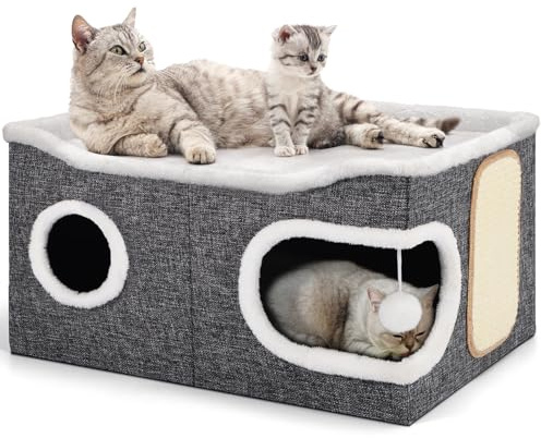 Shikha Faltbares Katzenhöhle, Katzenhaus Indoor große Katzen,61T*45B*32H cm | 2 Schicht Katzenwürfel, XXL Katzen höhle mit Kratzbrett und Spielball, Katzenhaus Höhle für klein und mittlere Haustiere