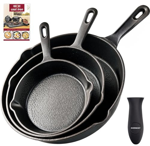 OVERMONT Grillpfanne Gusseisen mit Griff - Gusseisenpfanne 3 Stücke Set - Voreingebrannte Steakpfannen Bratpfanne - Cast Iron Pan für Gasgrill Backofen Kohlegrill