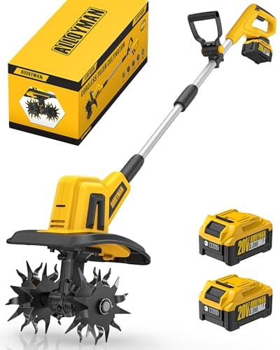 Alloyman 20V MAX Akku Bodenhacke Gartenfräse, 360 U/min Elektro Motorhacke, mit 2 x 4,0 Ah Akkus und Ladegerät, 23 cm Arbeitsbreite, 17 cm Tiefe, mit Schutzschalter, für Rasen/Garten/Bodenbearbeitung