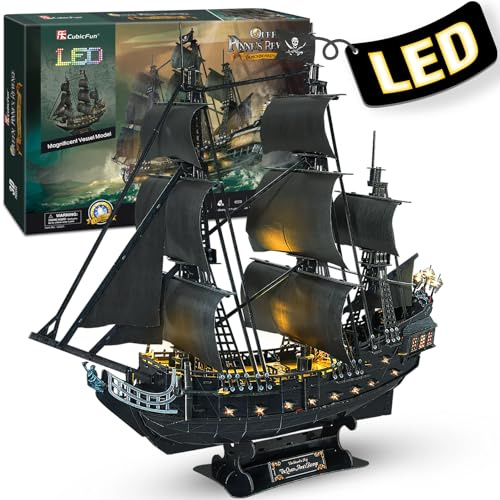 CubicFun Puzzle 3D LED 68 cm Black Pearl – Modell eines Bootes der Queen Anne's Revenge, Geburtstagsgeschenk für Erwachsene, 340 Teile