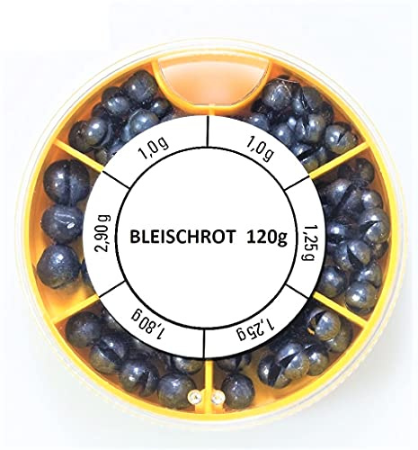 BlnTackle Bleischrot Sortimentsdose 120 g – Angelblei Set mit 6 Fächern (1,0 g | 1,25 g | 1,8 g | 2,9 g) | Schlitzblei für Posen-, Stipp- & Forellenmontagen