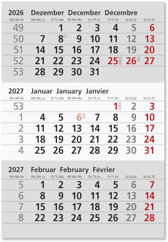 Ersatzkalendarium - Kalenderblock - (magnetisch) für 2 Jahre (2026 2027 2028) - passend für 3-Monats-Tischkalender Edelstahl - Stehkalender - Aufstellkalender - Bürokalender - Truento