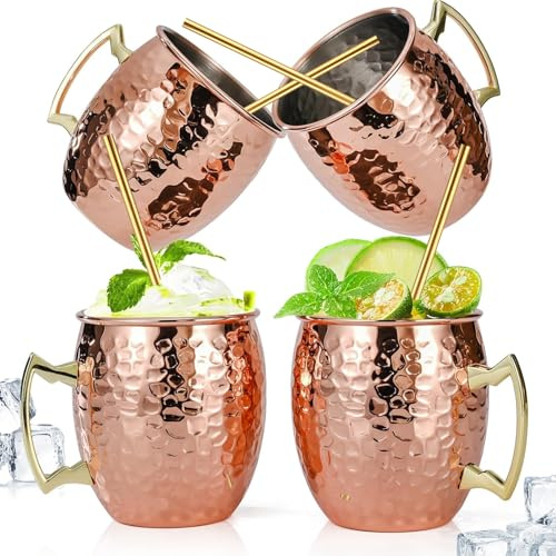ZOFUN 4 Stück Moscow Mule Becher Kupfer Becher Set, 530 ml Kupferbecher Moscow Mule Moscow Mule Tassen Kupfer mit 4 Trinkhalme for Kaltes Getränk, Wein, Bar, Party, Geschenkset