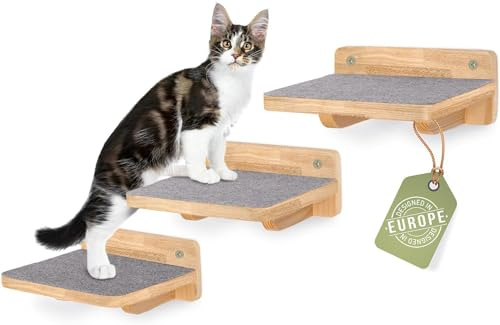 WOOWOOD® Kletterwand Katzen | Katzentreppen 3er-Set | Katzentreppe Wand | Katzen Kletterwand Set | Katzenleiter | Katzenwand Klettern | Catwalk Katze | Katze Wand Klettern | XL - Naturdunkel
