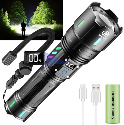 Jayxinli Taschenlampe LED Aufladbar, 1000000 Lumen Extrem Hell mit LCD Akku-Anzeige, Zoombar, 5 Beleuchtungsmodi, IP67 Wasserdicht für Camping & Outdoor