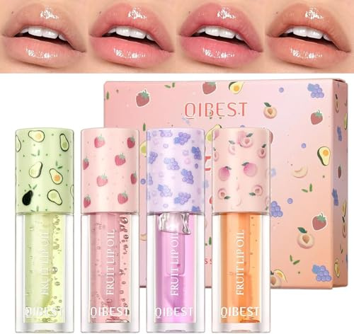 4 Stück Jelly Lipgloss Set, Feuchtigkeitsspendendes Lippenöl Lip Gloss, Lippenbalsam mit Fruchtgeschmack Lippenpflege-Set, Lip Oil für Frauen Mädchen