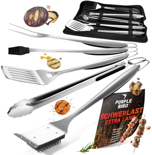 PURPLEBIRD Grillbesteck Set 6-teilig Edelstahl 3-in-1 Spatel | Spatel, Gabel, Zange, Pinsel, Bürste + Tasche. Dickes Stahl, hitzebeständig. Für BBQ & Männergeschenk.