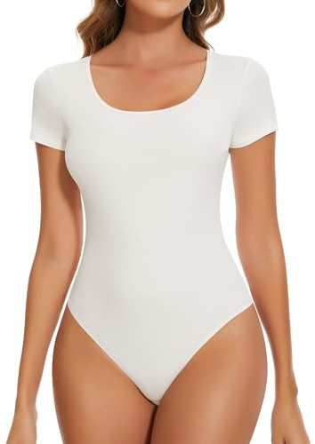 SHAPERIN Kurzarmbody Damen Rundhalsausschnitt Body Gerippte Tshirt Top | Kurzarm Oberteile Sommer Bodysuit Tanga Unterziehbody Einfarbige T-shirts Ausgehen Täglich Lounge