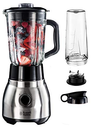 Russell Hobbs Standmixer 2-in-1 [1,5l Glasbehälter Mixer & 0,6l Mini Smoothie Maker -To-Go-Trinkflasche inkl. Deckel] Spülmaschinenfest, Impuls-/Ice-Crush Funktion, Becher BPA frei, Edelstahl 23821-56