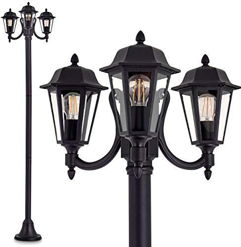HOFSTEIN Kandelaber Natal, Außenwegeleuchte aus Metall/Klarglas in Schwarz-matt/Weiß, Wegeleuchte im Antik/Retro/Vintage-Design für Garten, Außenbereich, Hof, 210 cm, 3 x E27, IP44