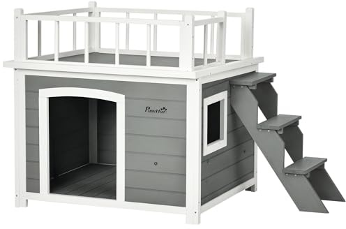 PawHut Hundehütte Hundehaus mit Balkon, Erhöhtes Kleintierhaus mit Treppe, Fenster, Hundehöhle für Mittele, Große Hunde, Tannenholz, Hellgrau, 121 x 77 x 78 cm