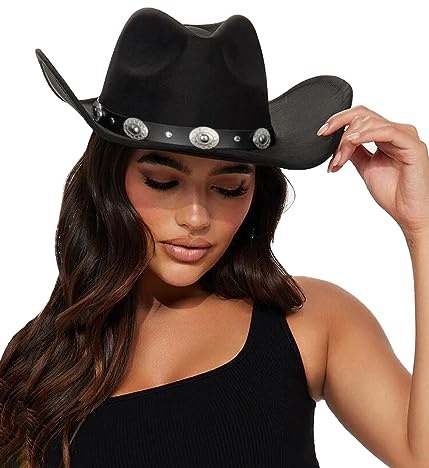 Eohak Western-Cowboyhut für Männer und Frauen, aus Filz, Jazzhut mit Gürtelschnalle, M/L, Schwarz, M