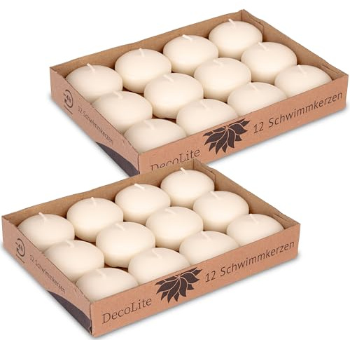 24x DecoLite Schwimmkerzen 30x45 mm Weiß & Elfenbein | Schwimmfähig | RAL-zertifiziert | Rußfrei & tropffrei | Deko für Hochzeit, Sommerfest, Wellness, Tischdeko | Praktisch (creme)