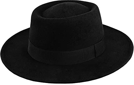 1920er Fedora-Hut mit breiter Krempe, Flache Oberseite, Porkpie-Hut für Herren und Damen, Schwarz A, M