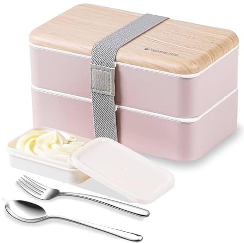 Original Bento Box Brotdose Lunchbox für Erwachsene/ Kinder mit Fächern Essensbox Bündel Teiler Japanischer Stil mit Ddelstahl Besteck Löffel und Gabel (Rosa)