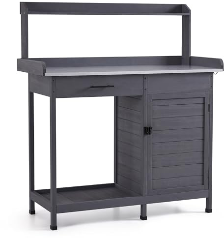 M MCombo Pflanztisch mit Schublade, Ablage, Verzinkter Arbeitsplatte & Schrank, Gärtnertisch Wetterfest mit 3 Haken, Blumentisch Massivholz für Garten, Balkon & Terrasse, 48 x112 x 126 cm, 0440 (Grau)