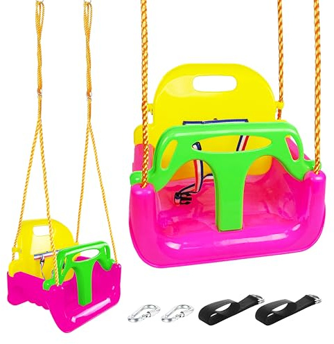 KINSPORY Kinderschaukel Babyschaukel 3 in 1 Babysitz verstellbar Mitwachsend Schaukelsitz Gartenschaukel für Kinder Indoor Outdoor (Dunkelrosa)