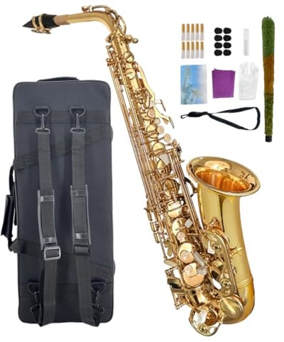 WUQIMUSC Altsaxophon-Set für Anfänger, Saxophon für Schüler, professionelles Saxophoninstrument aus Messing mit Saxophonkoffer, Mundstück, Blättern, Handschuhen, Reinigungstuch und