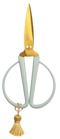 Loveria Bastelschere Salbei Gold | Rostfrei, für Papier, Stoff & Garn | 14,5cm lang | Farbige Quaste | Retro Vintage Schere für Erwachsene & Kinder